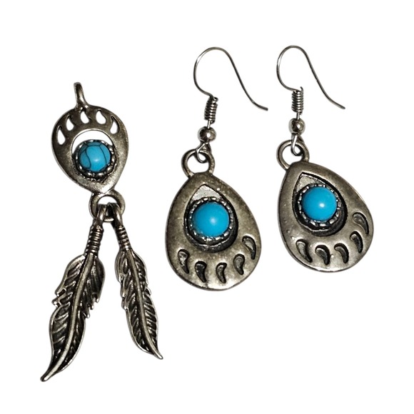 Navajo Indian Sterling Silver & Turquoise Bear Paw Dangle Earrings & Pendant - Picture 5 of 11